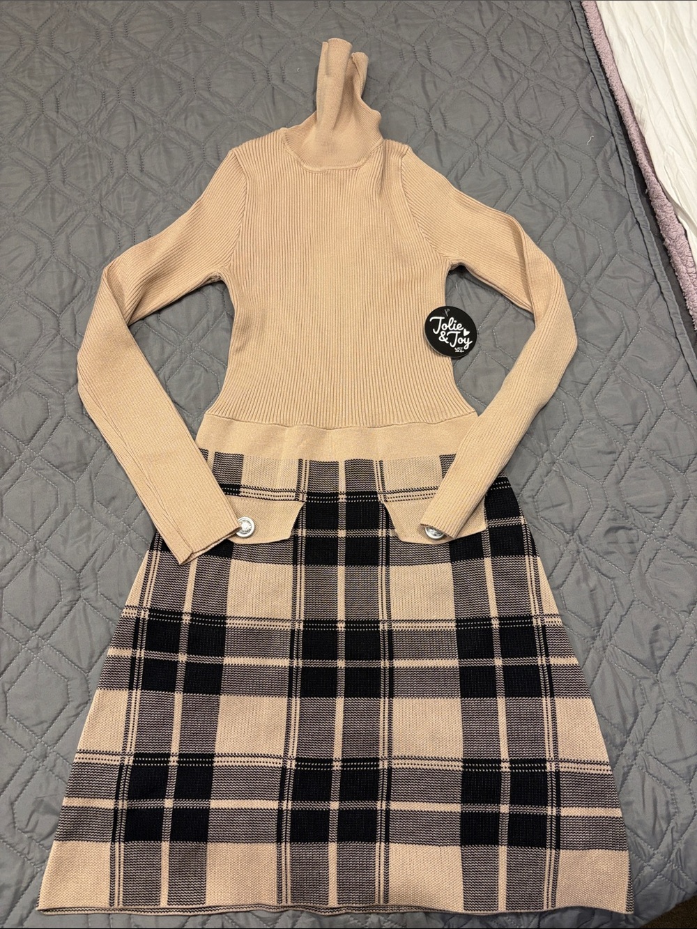 Jolie & Joy Beige Turtleneck & Black Plaid Knit Skirt Set